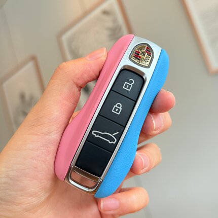 保时捷钥匙壳真皮Macan卡宴911帕拉梅拉718粉色双色混搭替换壳