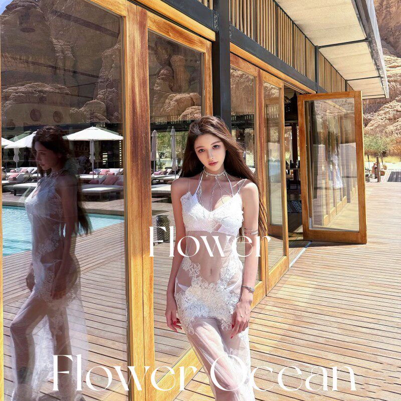 【遗落的精灵】白色蕾丝性感长裙bikini三件套海边度假风泳衣