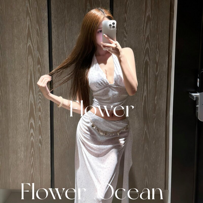 【波尔卡】韩系波点挂脖分体bikini长裙三件套温泉海边度假泳衣