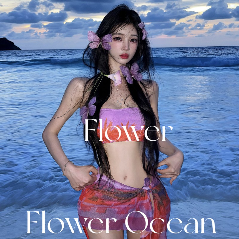 【雨雾紫藤】新款性感纯欲bikini三件套分体沙滩度假泳衣