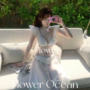 【优昙花】性感镂空纯欲风白色分体bikini长裙温泉海边度假泳衣