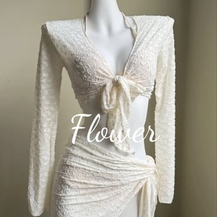 遮肉温泉度假泳衣 温柔系纯欲BIKINI四件套分体长袖 白色恋人