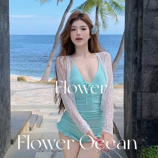 夏日顯白薄荷藍(lán)連體兩件套保守遮肉海邊度假泳衣 海鹽少女