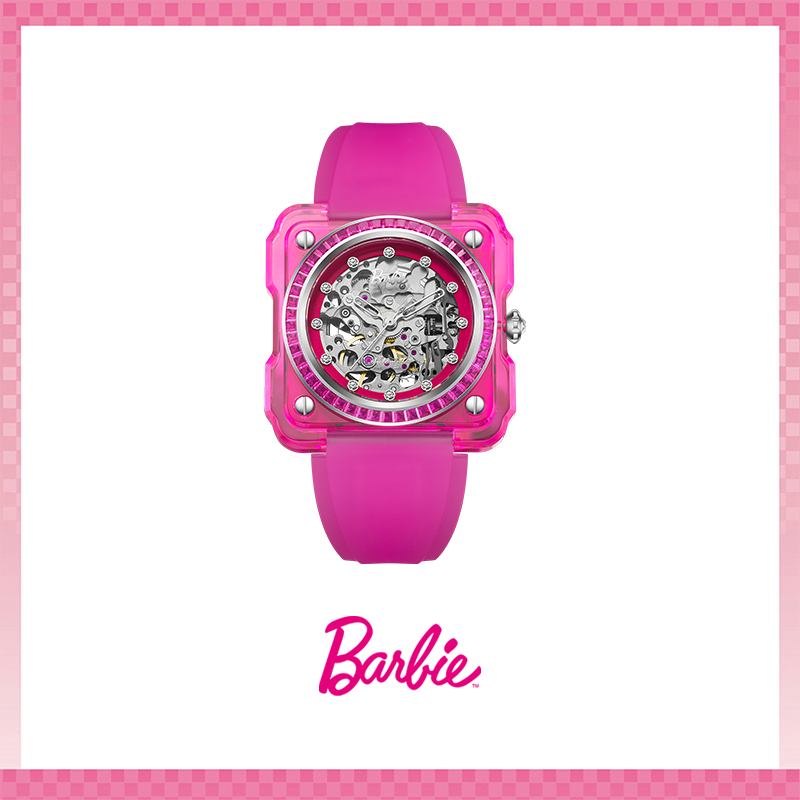 Barbie芭比官方正品机械表女款冰糖镂空机芯腕表宝石手表硅胶表带