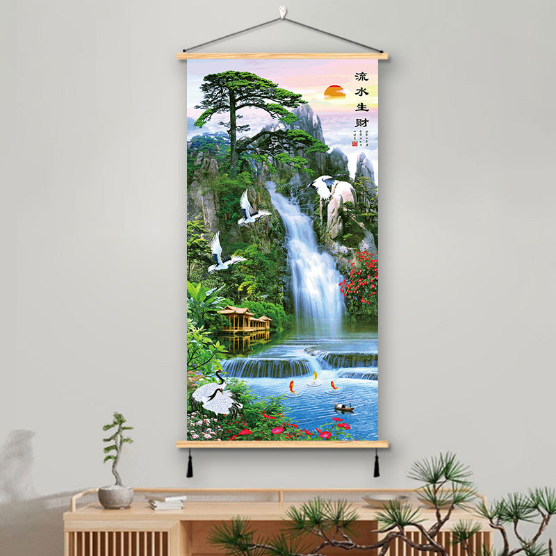 山水风景挂画流水生财装饰画实木布艺壁画走廊办公室客厅背景墙画
