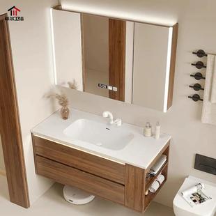 奶油原木风可丽耐陶瓷一体盆浴室柜组合卫生间镜柜洗漱洗手台定制