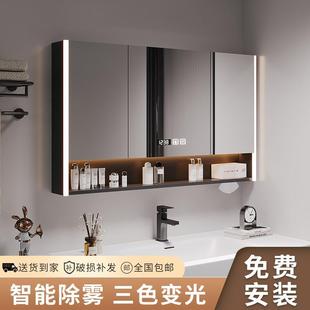 带灯除雾卫生间梳妆镜子实木带置物架收纳 智能浴室镜柜单独挂墙式