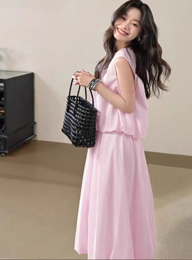 阔粉色花苞两件套装无袖背心吊带2025年夏季新款女上衣半身裙子