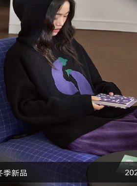 黑色刺绣茄子连帽毛衣女2025秋冬季新款长袖休闲搭配短款卫衣