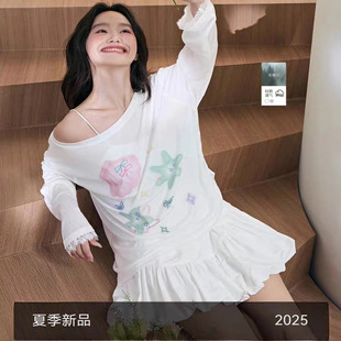 蓝色 白色露肩上衣长袖 罩衫 印花t恤2025夏日海边穿搭新款 女装
