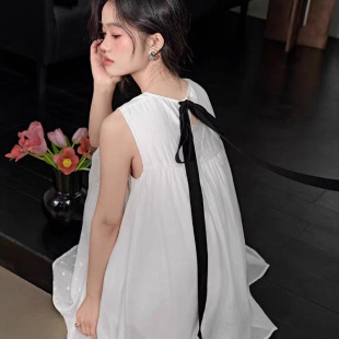 阔色白色背心裙蝴蝶结无袖 女海边穿搭 连衣裙娃娃裙2025年夏季 新款
