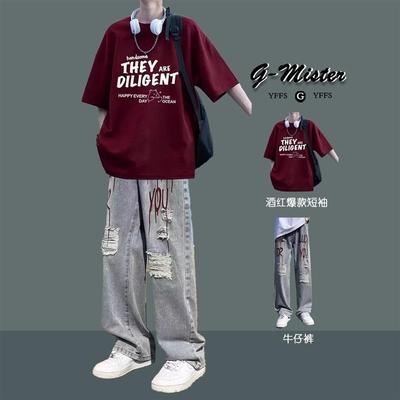 美式纯棉短袖男生帅气穿搭夏季2025新款套装宽松T恤潮流男装一套