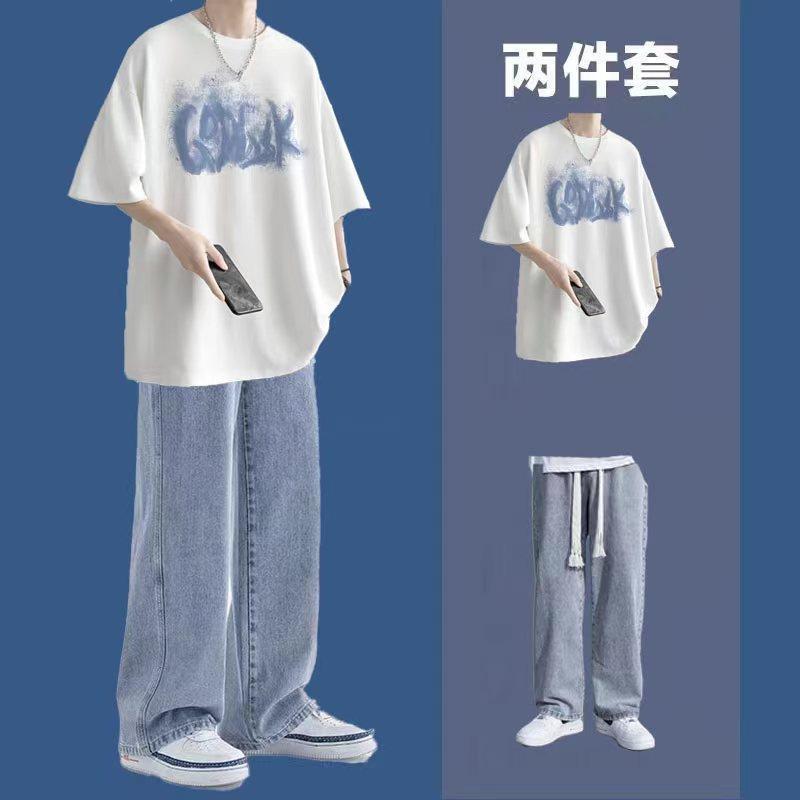 痞帅夏季男生套装学生青少年港风潮流短袖t恤搭配牛仔裤男装一套