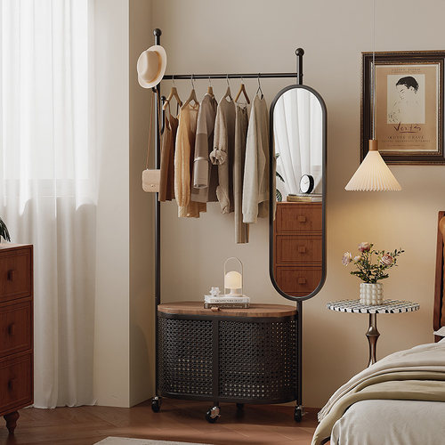 中古风穿衣镜衣帽架一体高级感可移动收纳架家用卧室多功能挂衣架 - 封面