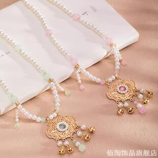 新中式儿童汉服项链平安锁吊坠仿珍珠软璎珞马面裙搭配颈链项圈