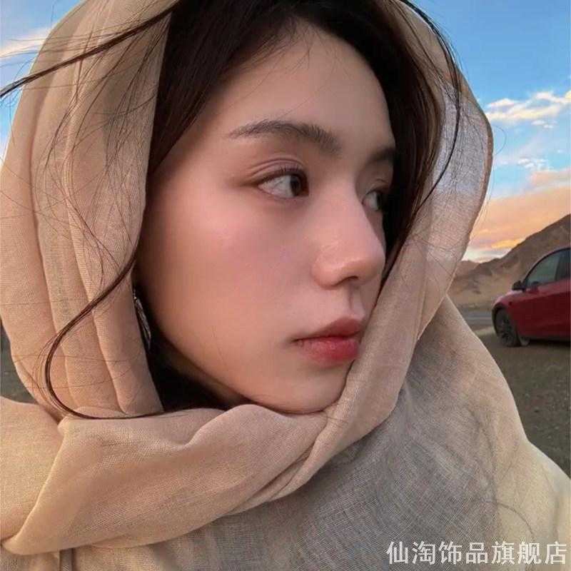 素色棉麻包头围巾女沙漠度假拍照道具轻薄透气海边遮阳长款大披肩