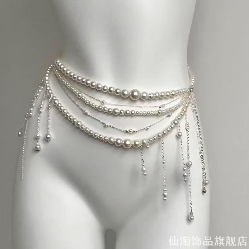 甜酷多层仿珍珠流苏身体链女性感