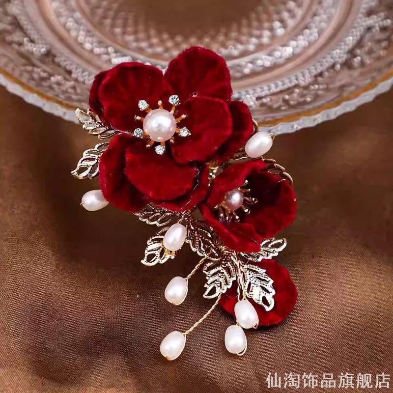 婚宴喜婆婆盘发发卡配饰妈妈红色