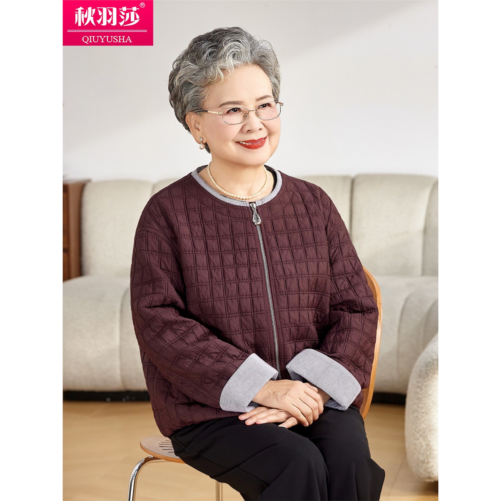 老人春秋外套格纹短夹克