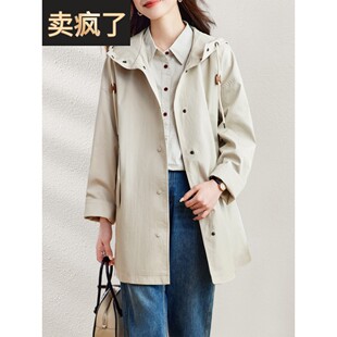 2025秋装新款中长款连帽通勤风衣韩系休闲宽松高级感长袖上衣女装