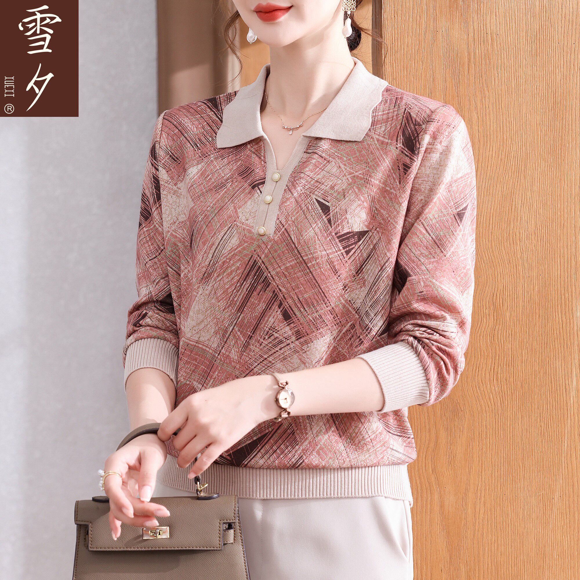 妈妈春装翻领针织T恤小衫2026新款中老年女装春春季薄款长袖上衣