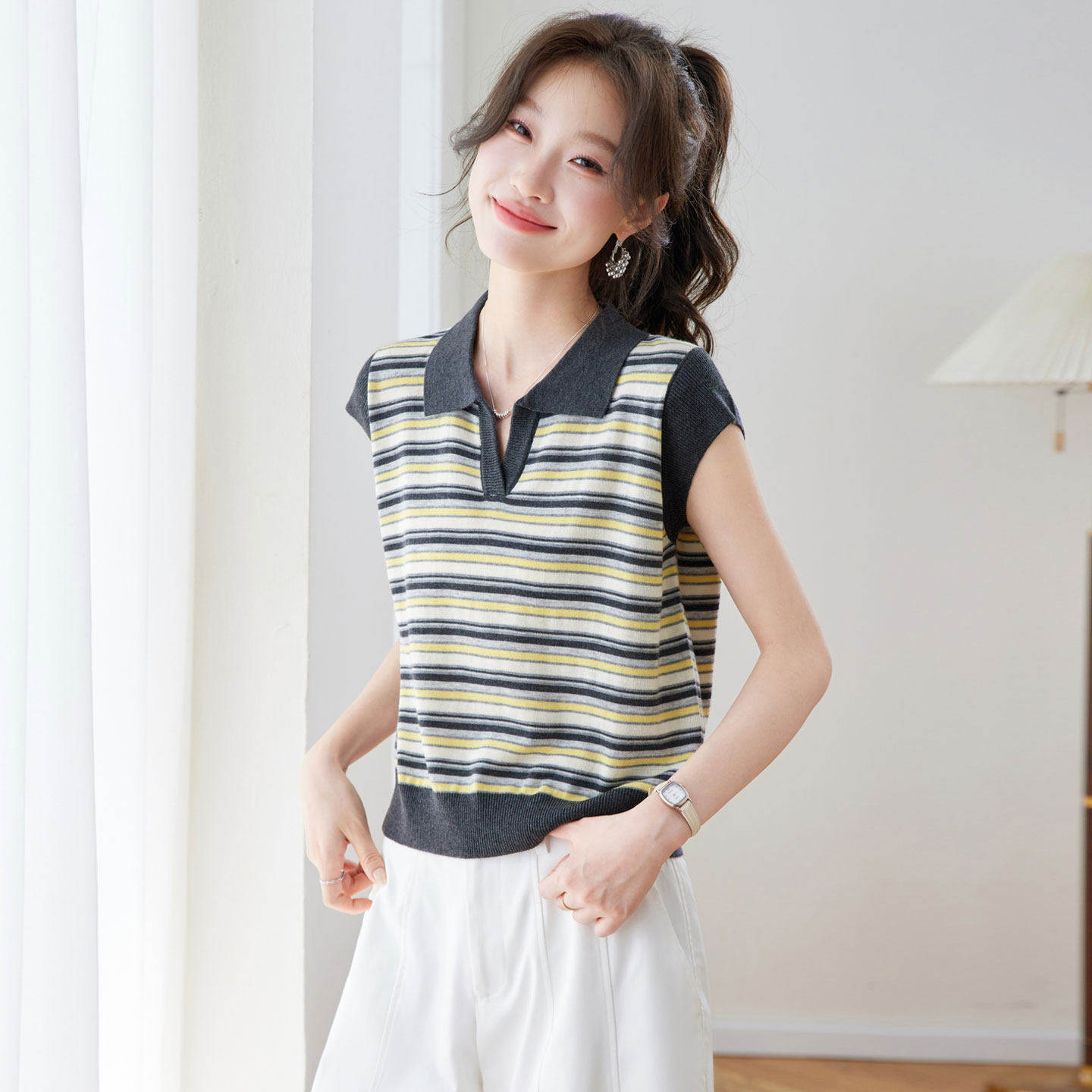 法式撞色POLO领条纹短袖T恤女夏季翻领显瘦针织衫高级感冰丝上衣