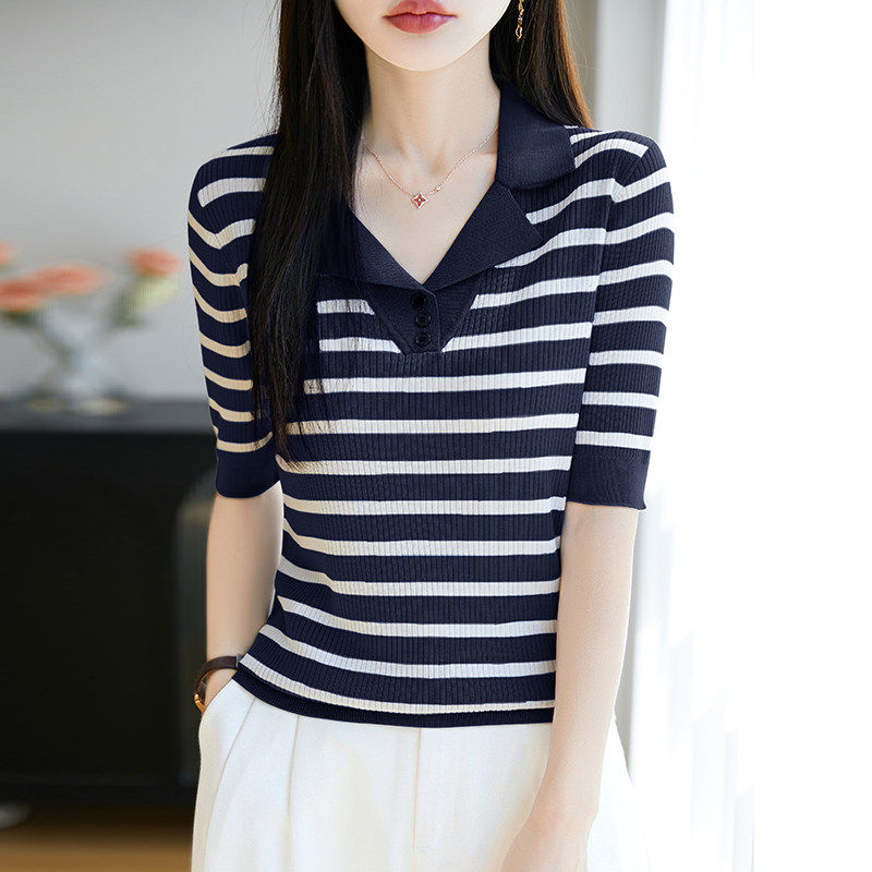 条纹polo领收腰短袖t恤女2026夏季新款修身显瘦上衣天丝针织小衫