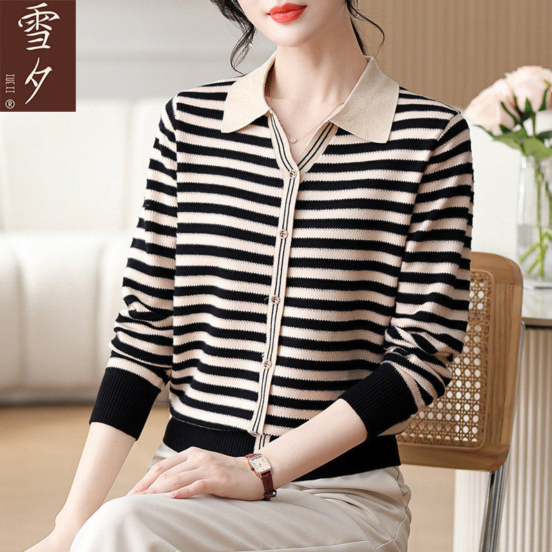 妈妈春装2026新款时尚翻领条纹内搭衣中老年女装洋派秋冬显瘦毛衣
