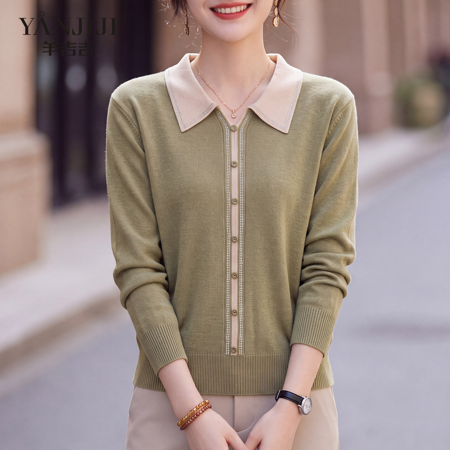 妈妈装翻领针织上衣女秋