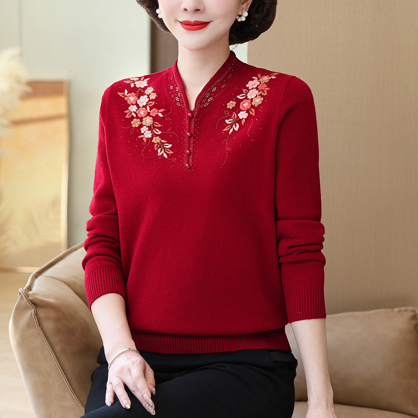 中老年妈妈全羊毛针织衫