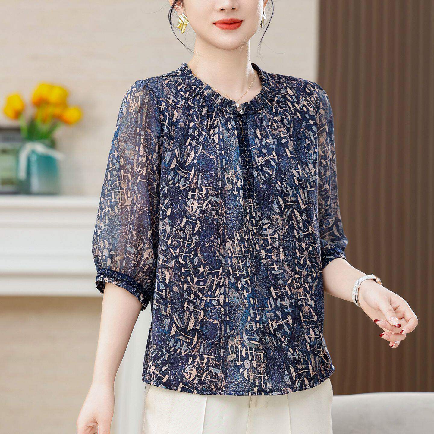 树叶碎花雪纺衫女夏季新