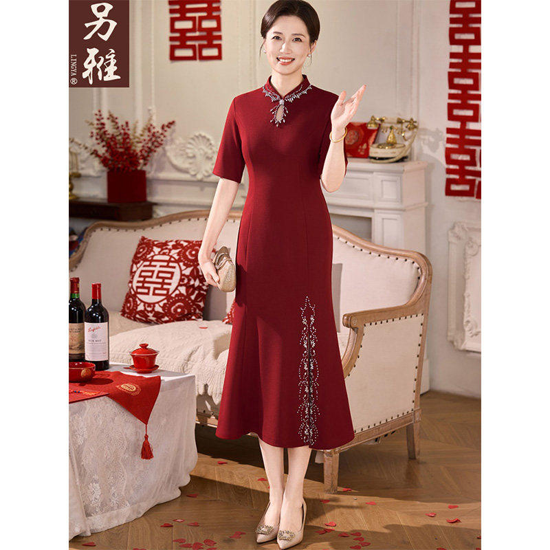 婚礼妈妈红色旗袍裙喜服