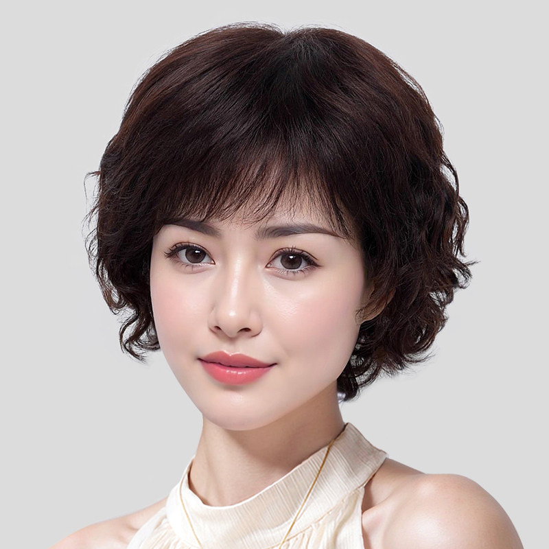 假发卷发女全头套真人发丝短发中老年全真发自然减龄女士短卷发