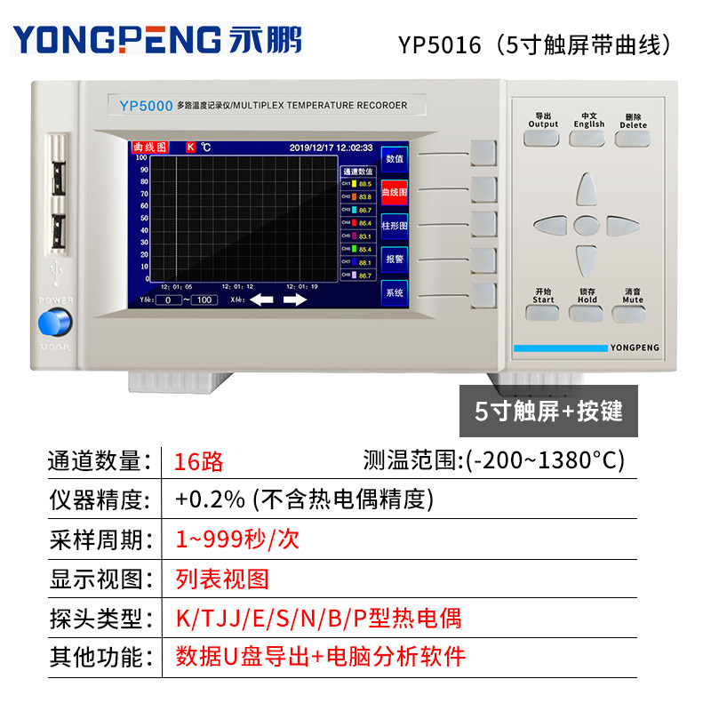 永鹏YP5008G多路温度测试仪8路温度记录仪16路多点温度巡检仪5016