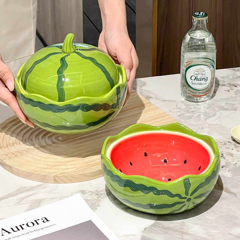 西瓜泡面碗带盖家用大容量陶瓷汤碗一人食宿舍个人专用创意水果盘