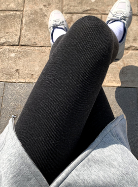 500g竖条纹灰色打底裤女2024新款秋冬加绒加厚保暖外穿显瘦连裤袜