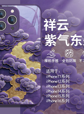 适用苹果17pro紫气东来手机壳16/15plus中国风14promax创意13mini祥云12pro高级感ip11新款xsmax全包8玻璃xr