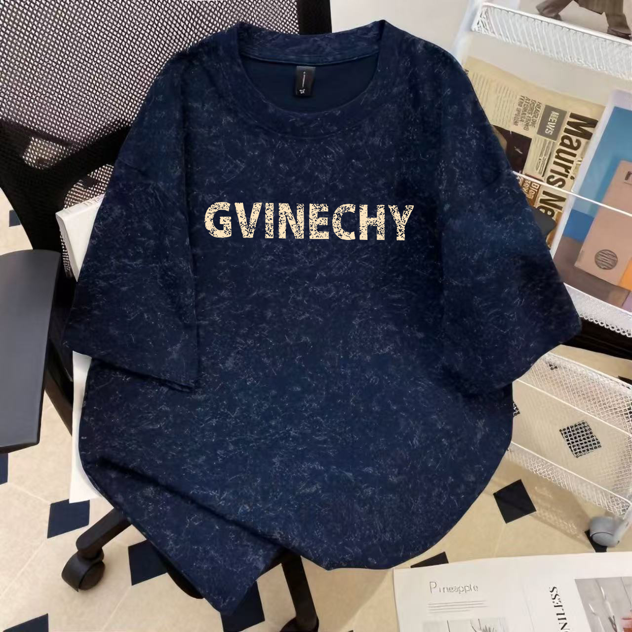 美式潮牌设计感小众蜡染短袖T恤男夏季简约字母印花圆领宽松上衣