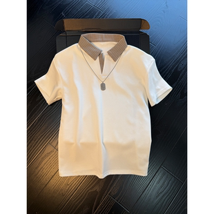 美式复古千鸟格polo领短袖T恤男士夏季重磅高级感citywalk上衣潮