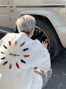 美式潮牌重磅纯棉休闲宽松长袖t恤男款春秋季羽毛印花打底衫上衣