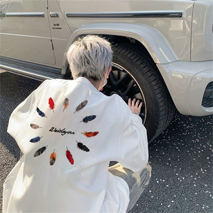 美式潮牌重磅纯棉休闲宽松长袖t恤男款春秋季羽毛印花打底衫上衣