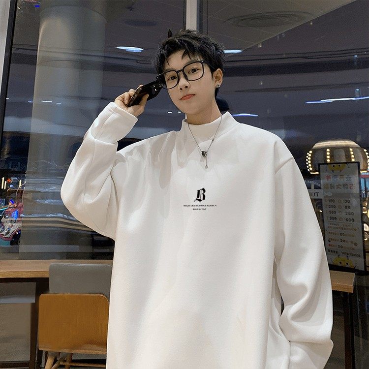 白色半高领德绒简约体恤男