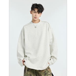 潮牌宽松圆领叠穿打底衫 t恤男2025春秋款 上衣 复古重磅长袖 美式