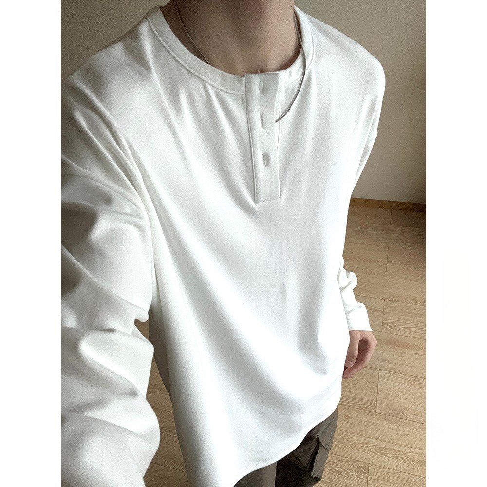 秋季潮牌痞帅简约款保暖宽松休闲打底衫男港风亨利领德绒长袖T恤