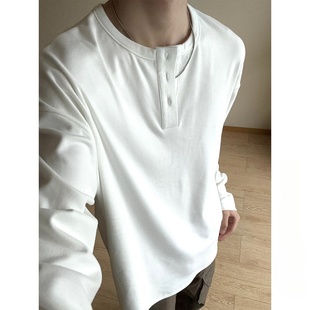 秋季潮牌痞帅简约款保暖宽松休闲打底衫男港风亨利领德绒长袖T恤