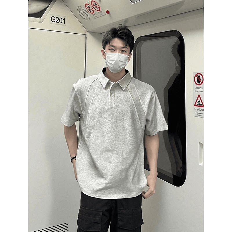 美式正肩polo衫短袖t恤男夏季拼接翻领衬衫重磅硬挺boxy版型上衣