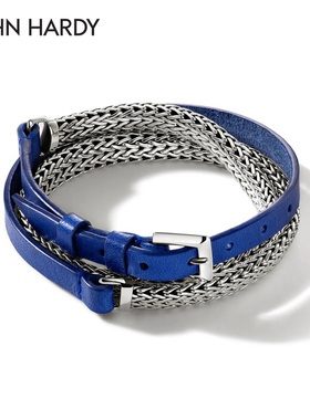 JohnHardy CLASSIC CHAIN 银配蓝色皮革绕圈手链轻奢高级设计