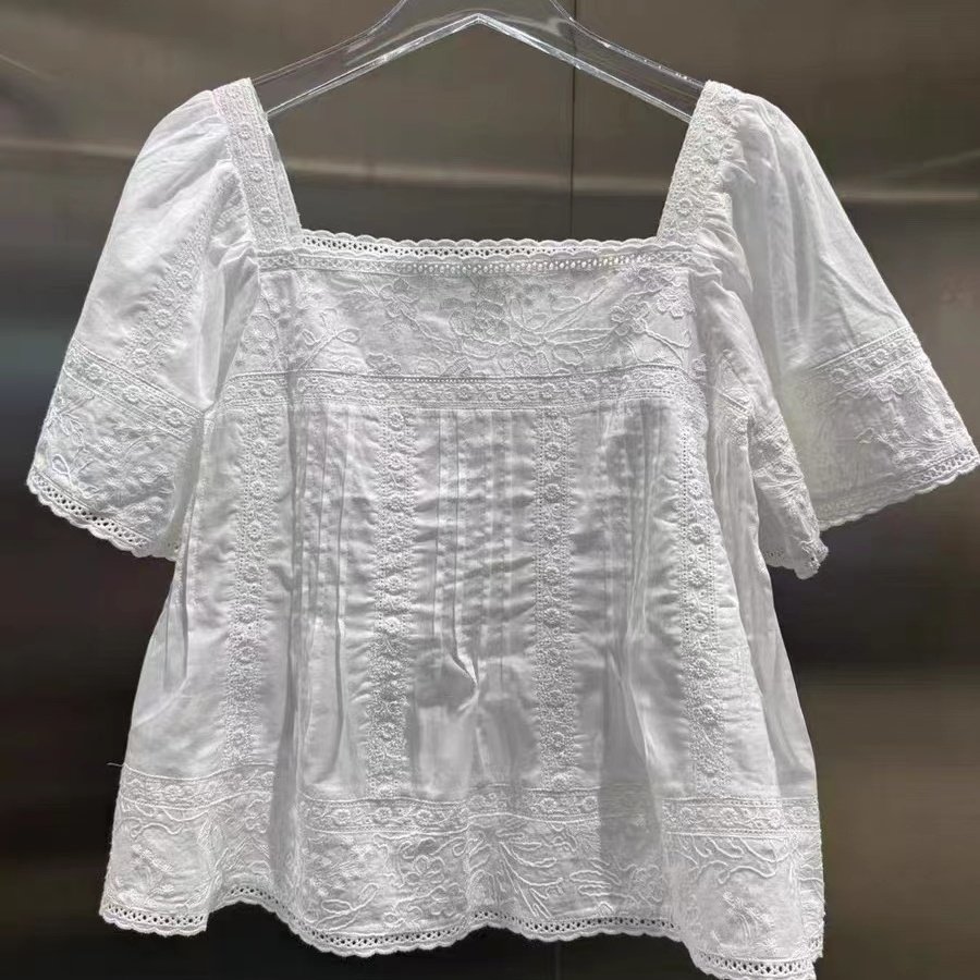 現(xiàn)貨2025夏季新款短袖襯衫浪漫花邊方領(lǐng)白色上衣女3J2D315