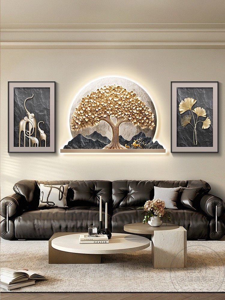 发财树客厅装饰画高级感寓意好加灯大气三联组合画沙发背景墙挂画,家居饰品,油画,淘宝优惠券,粉丝福利购,淘宝优惠卷