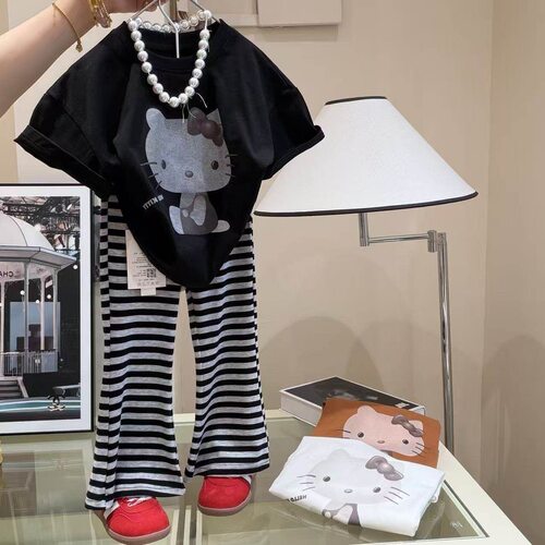 女童纯棉条纹喇叭裤套装